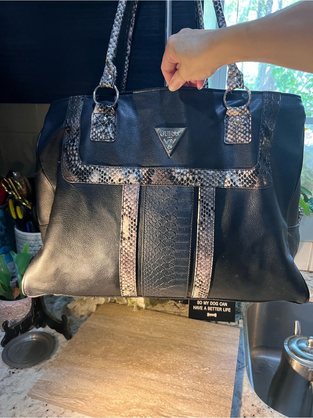 GUESS GINORMOUS Black Tote Bag with Snake-Print Trim